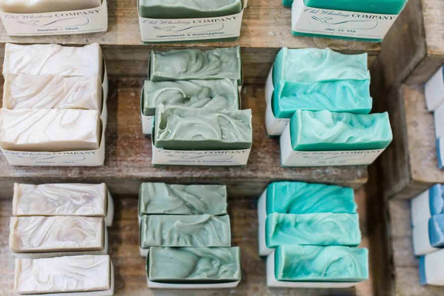 Handmade bar soaps in cream, sage, and teal